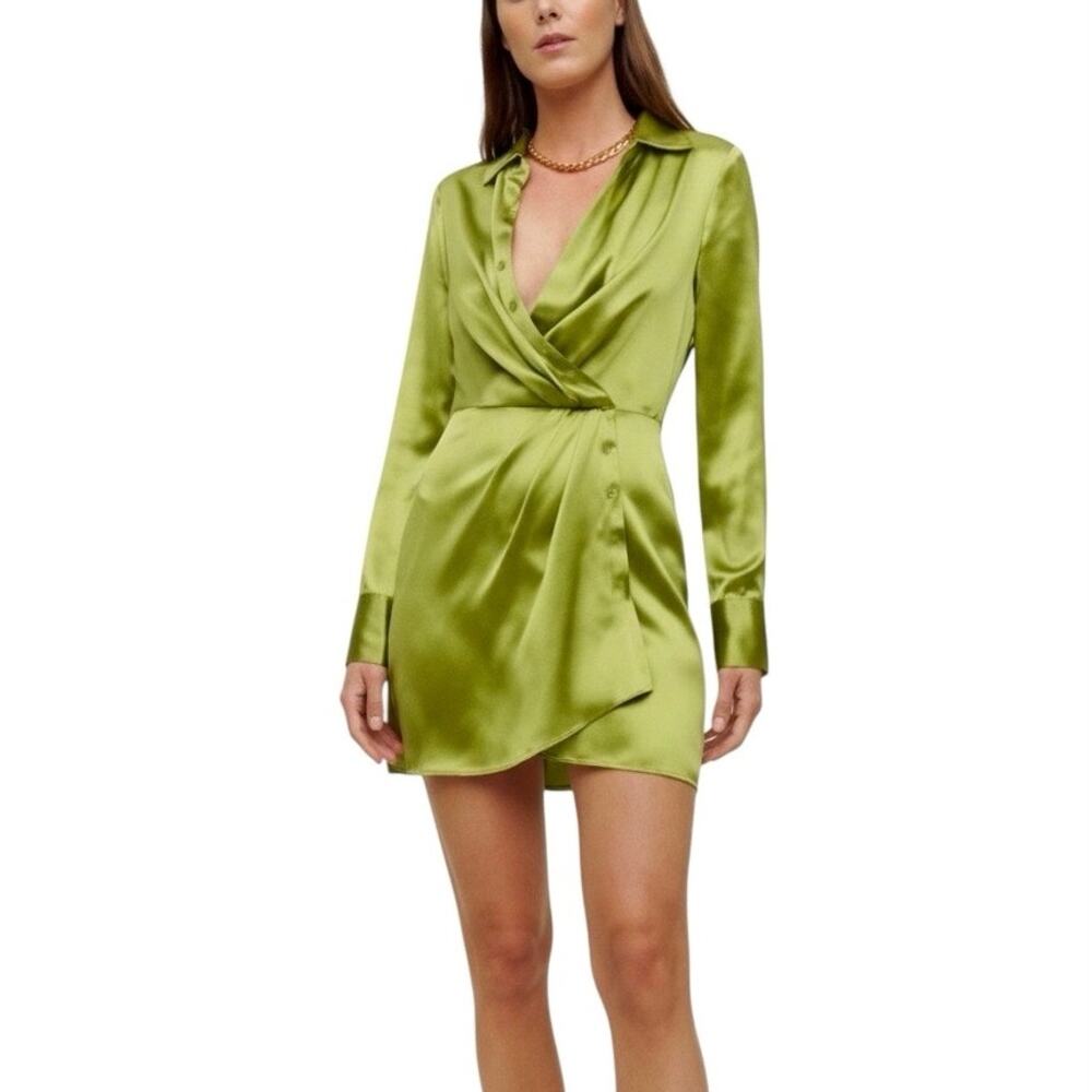 Reformation Satin Wrap Mini Dress in Lime Green